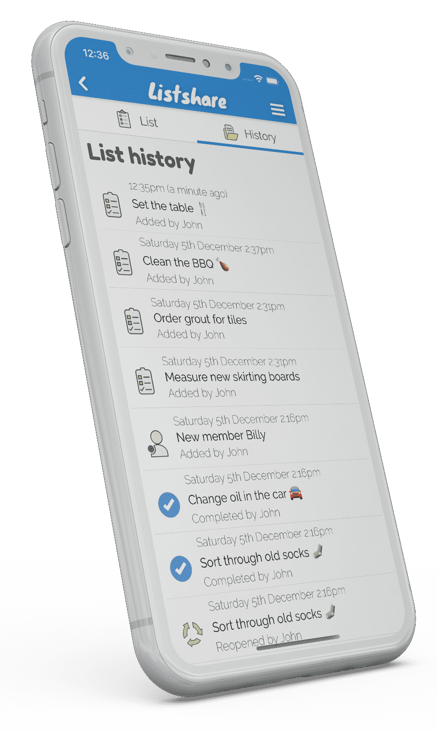 Browsing history from the listshare app