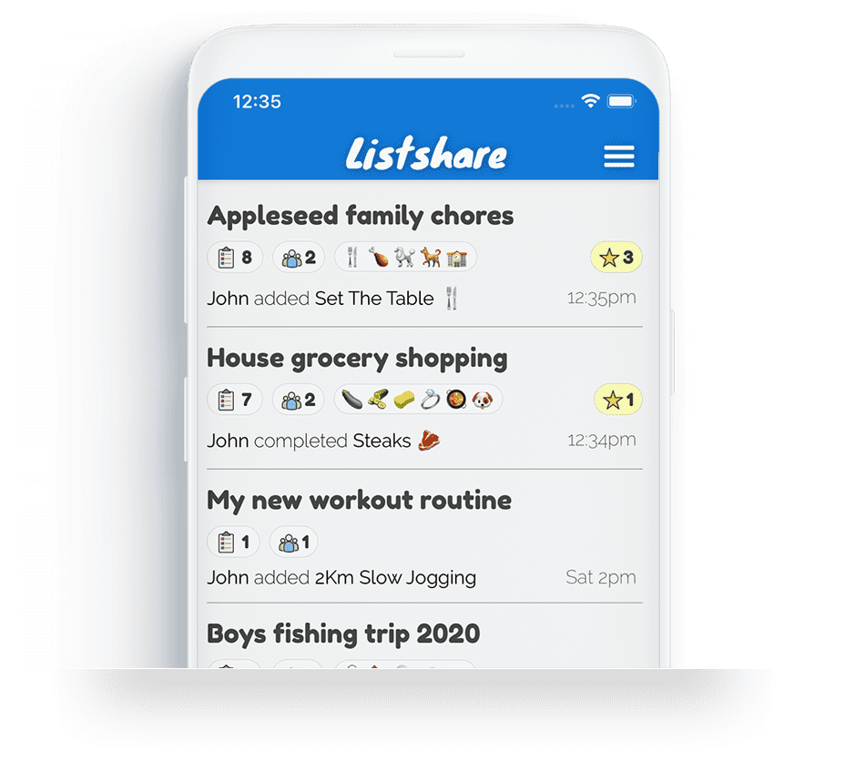Screenshot of the family list index in the Listshare app