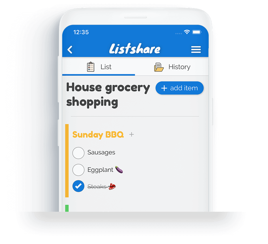 Screenshot of the grocery list index in the Listshare app
