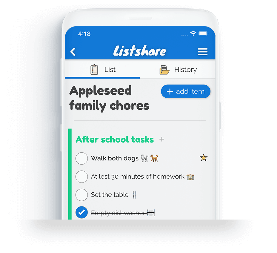 Screenshot of the checklist index in the Listshare app